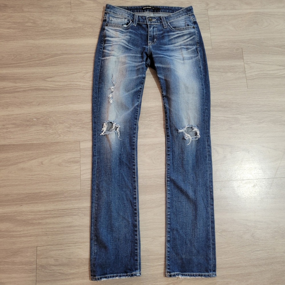 Big Star Liv Straight Leg Distressed Jeans 26(29x32.5) Medium Whiskered Denim